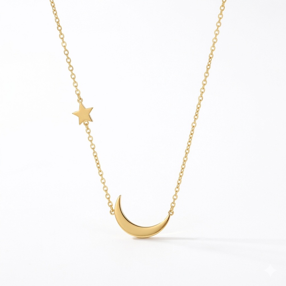 Celestial Crescent Moon Star Gold Necklace – Dainty Minimalist Layering